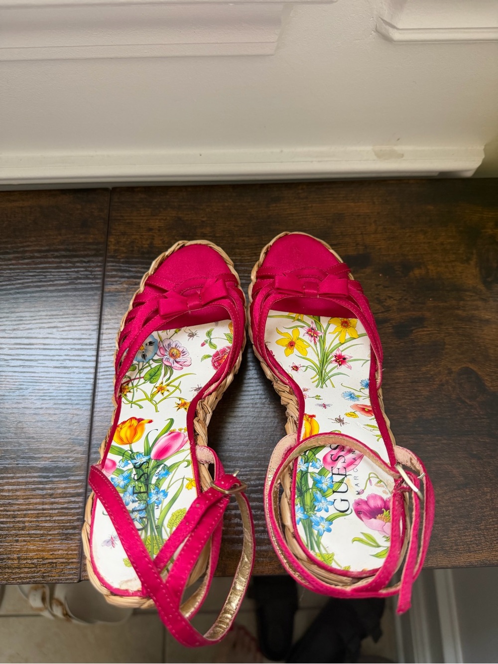 Guess Hot Pink Floral Espadrille Wedge Sandals